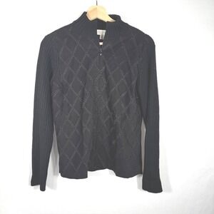 Petite Sophisticate Blk Argyle Quilted Zip Up Mock Neck Sweater Jacket Petite S
